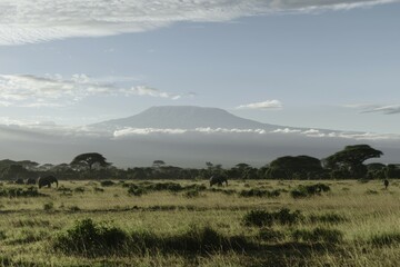 Obraz premium A group of elephants walking through the savanna with Mount Kilimanjaro