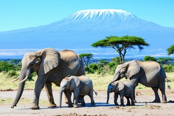 Fototapeta premium A group of elephants walking through the savanna with Mount Kilimanjaro