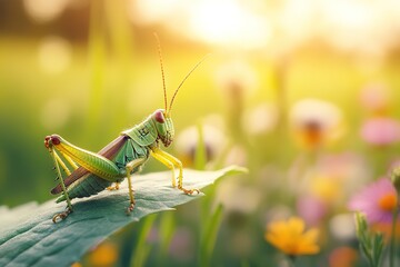 Fototapeta premium Grasshopper perched on leaf in sunlit meadow with flowers