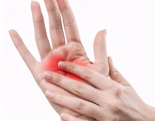 Fototapeta premium Isolated close-up image of a female hand showing pain or discomfort in the palm area