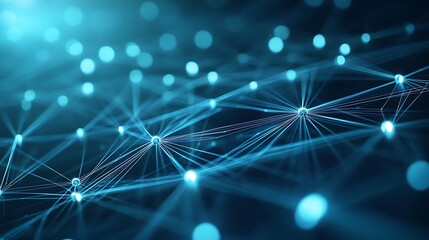 Obraz premium Abstract glowing network of connected points and lines on a dark blue background with bokeh lights