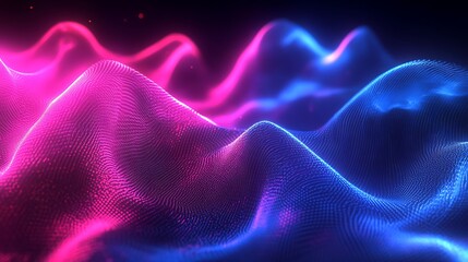 Obraz premium Abstract waves of pink and blue light create a dynamic digital landscape against a dark background