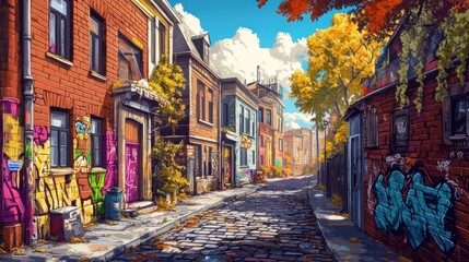 Naklejka premium Cobblestone street scene with autumn leaves, graffiti, and brick buildings.