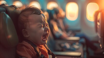 Obraz premium A baby is crying in an airplane seat