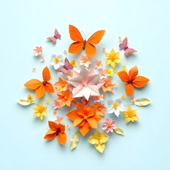 3d render, digital illustration, vivid paper flowers, round floral frame, festive wreath