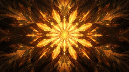 Abstract fractal art with a fiery explosion of golden light resembling a cosmic or mythical phenomenon