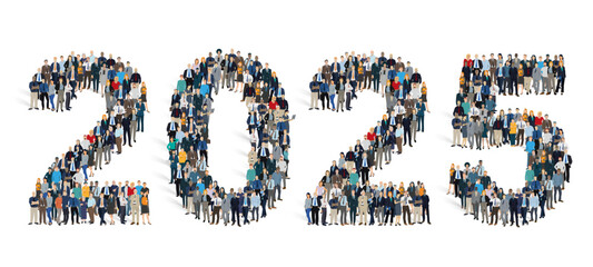 foule de personnages, d'employés d'une entreprise, gens d'une équipe réunis pour former le nombre 2025. Carte de vœux pour la nouvelle année sur fond blanc	