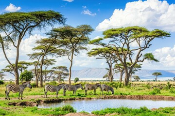 A herd of zebras drinking at a waterhole surrounded by tall acacia trees