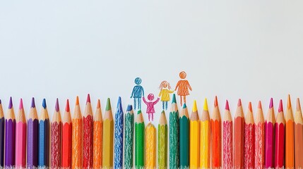 Family of four drawn with colored pencils standing above colored pencils tips on white background