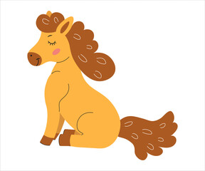 Cartoon illustration of a playful horse sitting quietly on a white background