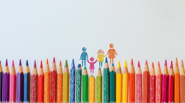 Family of four drawn with colored pencils standing above colored pencils tips on white background