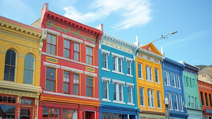 Obraz premium Colorful historic buildings line a street under a clear blue sky.