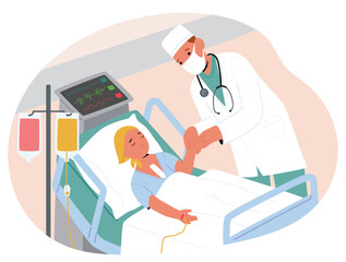Worried doctor feeling pulse on wrist checking signs of life in little cancer patient cartoon scene