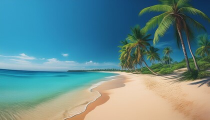 A panoramic view of a fine sandy beach lined with palm trees, with a turquoise sea and a clear sky.