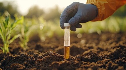 Soil scientist taking soil sample for testing in corn field at sunset