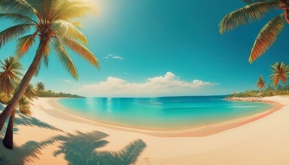 A panoramic view of a fine sandy beach lined with palm trees, with a turquoise sea and a clear sky.