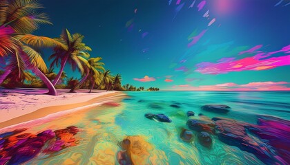 A panoramic view of a fine sandy beach lined with palm trees, with a turquoise sea and a clear sky.