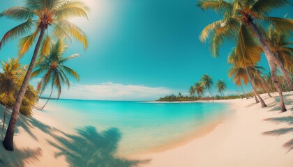 A panoramic view of a fine sandy beach lined with palm trees, with a turquoise sea and a clear sky.