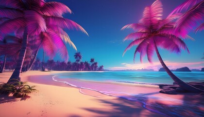 A panoramic view of a fine sandy beach lined with palm trees, with a turquoise sea and a clear sky.