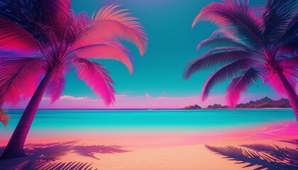 A panoramic view of a fine sandy beach lined with palm trees, with a turquoise sea and a clear sky.