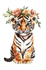 A charming watercolor painting of a baby tiger with a floral crown, set amidst vibrant, colorful blossoms.