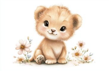 A lion cub depicted on a white background using watercolor, adorned with floral designs.