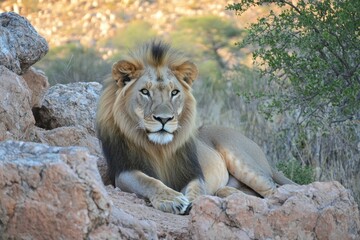 A majestic African lion with a golden mane resting on a rocky outcro