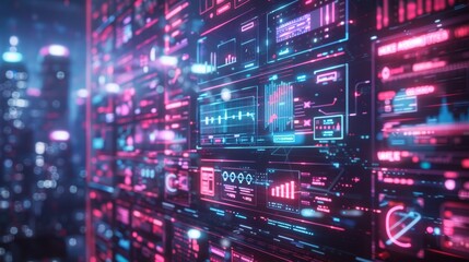 Fototapeta premium Futuristic digital interface with data and graphs on a large screen at night.