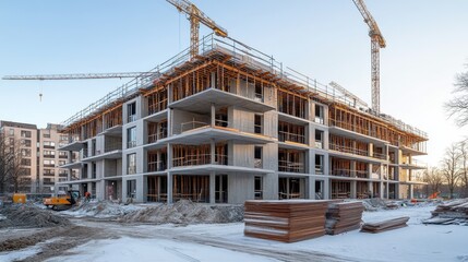 Unfinished building construction with cranes under a clear sky