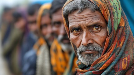 Closeup portrait of an elderly man with a colorful shawl