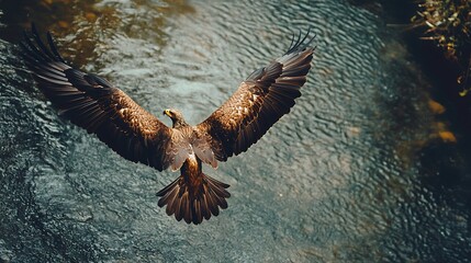 Golden Eagle Soaring Above a River. Majestic Wildlife, Freedom, Power, Nature.