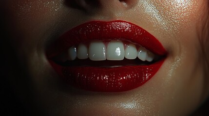 Obraz premium Close-up of a woman's smile with bold red lips and perfect teeth