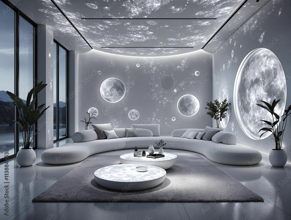 Poster The image is a rendering of a futuristic living room with a modern design. The room features a large oval window with a view of the moon, a white couch, and a coffee table with a round design. 