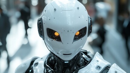 Closeup of a futuristic humanoid robot with glowing eyes