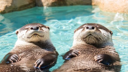 Obraz premium Two otters floating together in a clear blue pool.