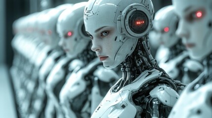 Fototapeta premium Close-up of humanoid robots standing in formation with glowing lights
