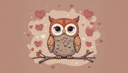 Fototapeta premium Cute owl with hearts surrounded by whimsical decorations on a soft backdrop