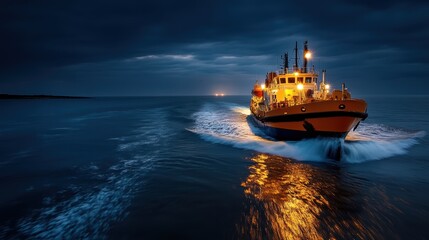 A bright ship cuts through dark ocean waters under a deep blue sky, its lights reflecting on the waves, creating a captivating contrast between light and dark.