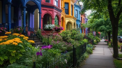 Fototapeta premium Colorful Victorian houses line a tree-lined street, vibrant flowers blooming in front yards.