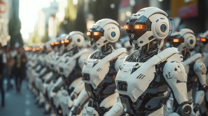 Fototapeta premium Line of humanoid robots standing in futuristic factory setting