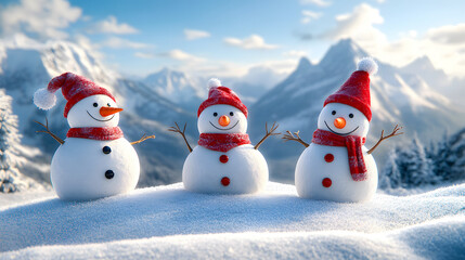 Joyful snowmen enjoying the snowy mountains.