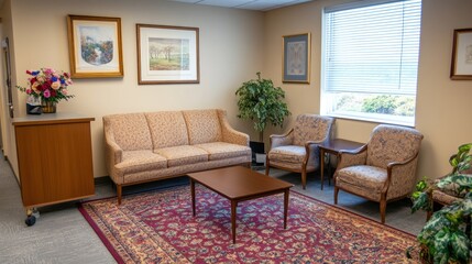Comfortable waiting room with sofa, chairs, coffee table, artwork, and plants.