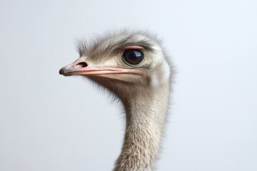 Close-up ostrich head, detailed feathers, quirky expression.