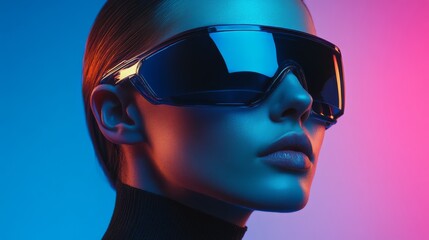 Close-up portrait of a woman in reflective sunglasses with blue neon light