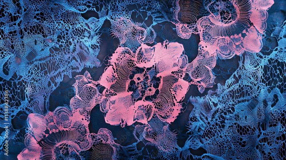 Fototapete Neon lace patterns in soft pinks and blues, creating an intricate texture that glows subtly against a midnight background. Horizontal element for presentation, business, corporate, institution