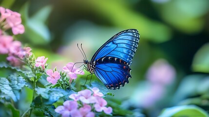 Naklejka premium Beautiful Blue Morpho Butterfly on Pink Flowers. Nature, Wildlife, and Beauty.