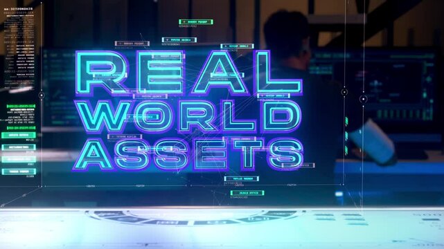 Real World Assets Holographic text floating on top of Futuristic Interface. Cloud Data and Tech Infographics. Artificial Intelligence Developer Working on Computers.