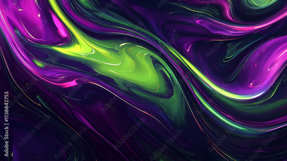 Fototapete neon ripple effect. abstract shapes pulsating in shades of green and purple. glossy finish creating 