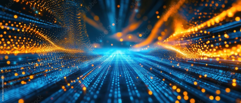 Canvas Prints abstract digital data stream: futuristic technology background with blue and orange particles