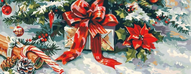 Christmas gift with red ribbon surrounded by festive decorations, painted in flat color bold outlines